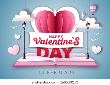 Open fairy tale book with valentine love heart. Happy Valentine`s day background. Cut out paper art style design