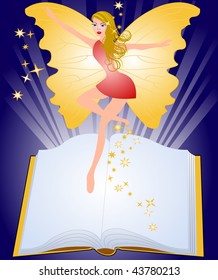 Open fairytale book and fairy flying above pages
