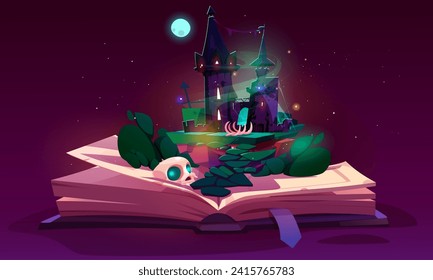 Open fairytale book with magic spooky witch house, skull and green glowing smoke under full moon. Cartoon vector illustration of imaginary world on pages of storybook. Reading of dream scary legend.