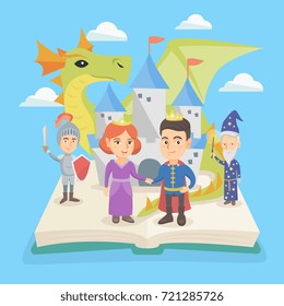 Open fairytale book with princess, prince, dragon, magician and knight standing near the castle. Open book with medieval castle and characters of fairytale. Vector cartoon illustration. Square layout.