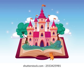 Open fairytale book. Storybook with fairy tale castle knight or princess, magic fantasy story reading books imagination concept kindergarten storytelling swanky vector illustration original artwork