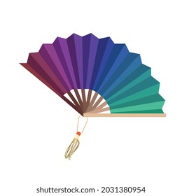 An open fan drawn in a vector. Asian style. Different colors in the spread. A ready-made icon on a white isolated background.