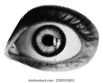 Open female eye in halftone texture. Trendy grunge style. Isolated collage element for social media, poster design and more. Vector design.