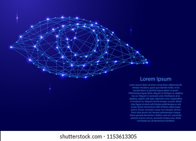 Open female eye of monochrome vector illustration from futuristic polygonal blue lines and glowing stars for banner, poster, greeting card. Vector illustration.