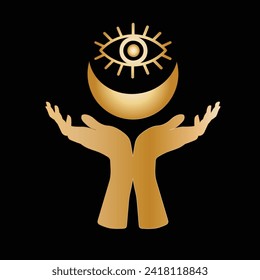 Open female hands with crescent moon inside and the All Seeing Eye. Gold mystical goddess hands isolated on black background.
