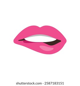 Open female human mouth lip biting with teeth. Bite your lip. Vector illustration. 