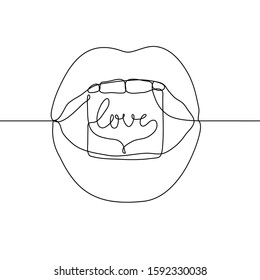 Open female mouth with a piece of sugar on which the inscription "Love". Continuous line drawing of the mouth with edible lettering. Hand-drawn vector illustration on a white background. For animation