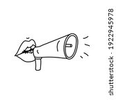 Open female mouth shouts into a megaphone. Feminist glamour lips. Doodle style. Vector illustration on isolated background.