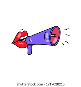 Open female mouth shouts into a megaphone. Feminist glamour lips. Doodle style. Vector illustration on isolated background.