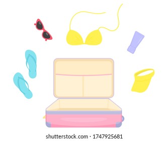 Open Female Suitcase. Travel Bag for Summer Vacation. Packing Luggage or Trip Preparation Concept. Flat Visor Cap, Sunglasses, Flip Flops, Swimsuit. Vector Illustration Isolated on White Background