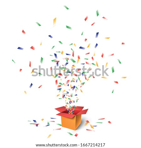 Open festive box with confetti explosion, funny surprise on a white background
