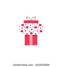 Open festive box with flying red hearts. Valentine's Day celebration. Gift Icon. Vector illustration.