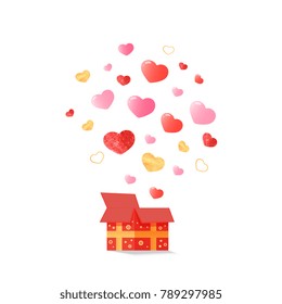 Open festive box from which the hearts fly out.