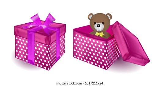 Open festive gift boxes red or red-burgundy with a pattern and toy. Tied with pink ribbon with a bow on top.