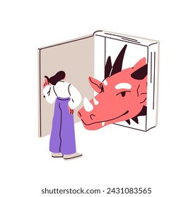 Open fiction book, reading about fancy character, fantastic dragon in fantasy literature, imagining. Readers imagination, dream concept. Flat vector illustration isolated on white background