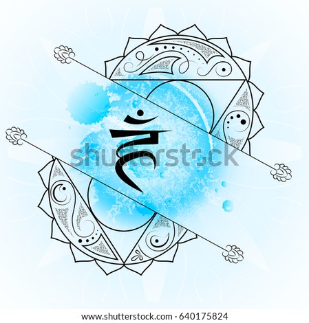 open fifth Throat chakra visuddha on light blue watercolor background. Yoga icon, healthy lifestyle concept. Vector illustration