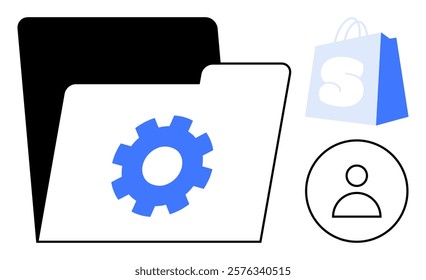 Open file folder with a blue gear symbol, a shopping bag icon with an S and a user profile icon. Ideal for digital organization, e-commerce, user management, technology, online services. Flat design