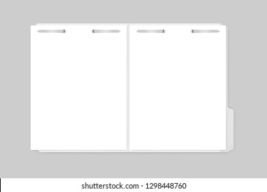 Open file folder with cut tab and metal fastener keeping paper sheets inside, vector template. Letter size.