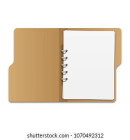 Open File Folder With Documents. Blank Cardboard Ring Binder Folder With Stack Of Empty Paper Sheets. Vector Illustration On White Background