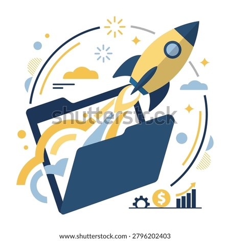An open file folder launching a rocket with financial growth graphs. This flat 2D vector concept represents digital asset management and project launch. Perfect for startup banners and business websites.