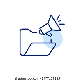 Open file folder and megaphone. Document notification, marketing alert, file sharing and documentation hub. Vector icon