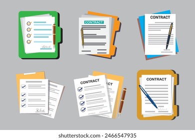 Open file folder with white leaf and sticky notes. Contract or document with text icon. Contract papers. Document, folder with stamp. Set of document Document vector icon set in flat style. 