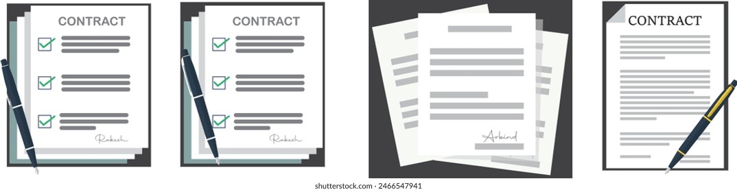 Open file folder with white leaf and sticky notes. Contract or document with text icon. Contract papers. Document, folder with stamp. Set of document Document vector icon set in flat style. 