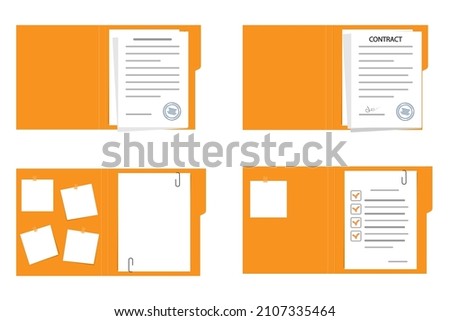  Open file folder with white leaf and sticky notes.Contract or document with text icon.Contract papers. Document, folder with stamp.Set of document case,paper case,notebook.Vector illustration.