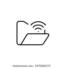 Abrir carpeta de archivos y wifi. Uso compartido de archivos inalámbricos, acceso remoto al repositorio digital. Sincronización en la nube. Icono de píxel perfecto