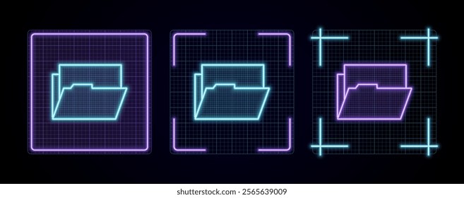 Open File icon illustration, cyber neon visual, glowing border grid vector.