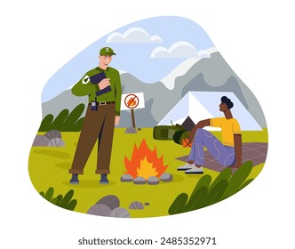 Open Fire at camp. Scout warns against illegal bonfires. Caring for nature and preventing fires. Alarm and accident, emergency situation. Flat vector illustration isolated on white background