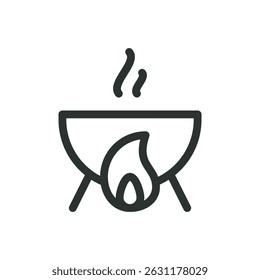Open fire cooking line icon, cook food over a campfire vector symbol with editable stroke