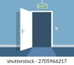 Open fire exit door in flat style. Evacuation sign emergency concept. Vector stock