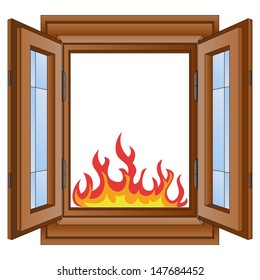 open fire and flames in window wooded frame vector illustration