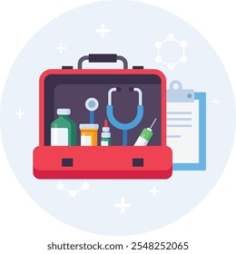 Open first aid kit showcasing essential medical supplies, including a stethoscope, syringe, medications, and a clipboard, representing emergency preparedness and healthcare services