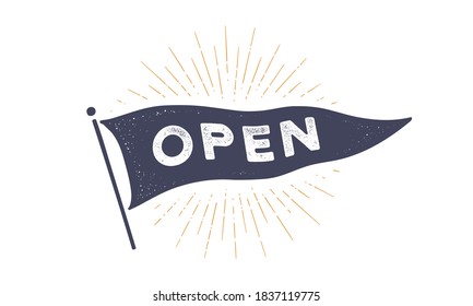Open. Flag grahpic. Old vintage trendy flag with text Open. Vintage banner with ribbon flag, vintage style with linear drawing light rays, sunburst and rays of sun. Vector Illustration
