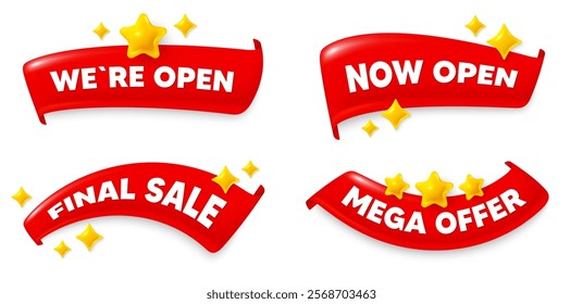 Open flag ribbon. Mega discount, Final sale, Now open. We are open. Promotion new business sign. Welcome advertising symbol. Red flag ribbon banners. Promo offer tags. Vector