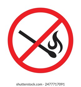 An open flame prohibition sign, a lit match, do not light a fire, do not use an open flame.