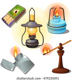 Open flames isolated on white background. Lighter, spirit lamp, matches. Vector cartoon close-up illustration.