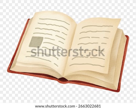 Open flat book illustration with text lines vector.