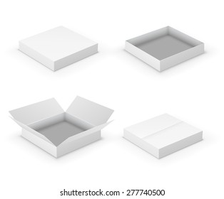 Open flat boxes design collection. White object on white background, vector illustration