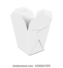 Paquete plano abierto chino sacar caja de fideos. Maqueta 3D. Caja de transporte de comida asiática para llevar de cartón blanco en blanco. Maqueta de Vector realista. Embalaje de contenedor de wok de papel ecológico. Plantilla