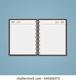 Open flat realistic template diary with date and month, separated by a red line on sheets with lines for entries. Daily records at school work and everyday.