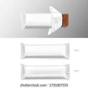 Open flow packaging mockup with bar. Vector illustration isolated on white background. Can be use for your design, promo, adv and etc. Possibility for food, pharmaceutical, cosmetic. EPS10.	