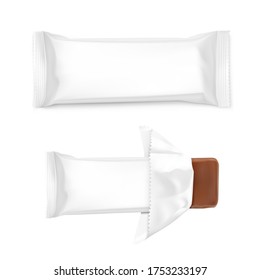 Open flow packaging mockup with bar. Vector illustration isolated on white background. Can be use for your design, promo, adv and etc. Possibility for food, pharmaceutical, cosmetic. EPS10.	