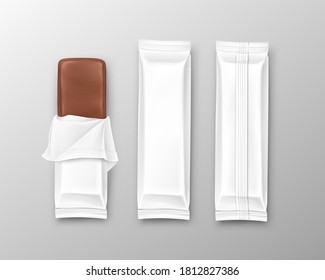 Open flow packaging mockup and chocolate bar template, plastic, foil sweet food packages front, back view isolated, 3d realistic vector illustration. White blank product mock-up for brand ad design.