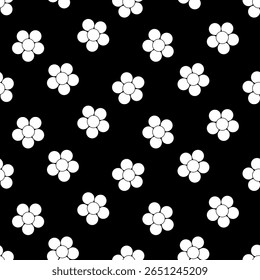 Open flower petals. White silhouette. Seamless vector pattern. Repeating floral ornament. Isolated black background. Blooming inflorescence. Open flower bud. Cartoon style. Idea for web design.