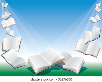 Open flying books, blue background with sunshine.
