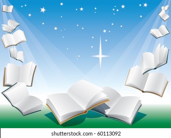 Offene, fliegende Bücher, blauer Hintergrund mit Sonnenschein.