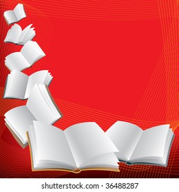 Open flying books on abstract red background.